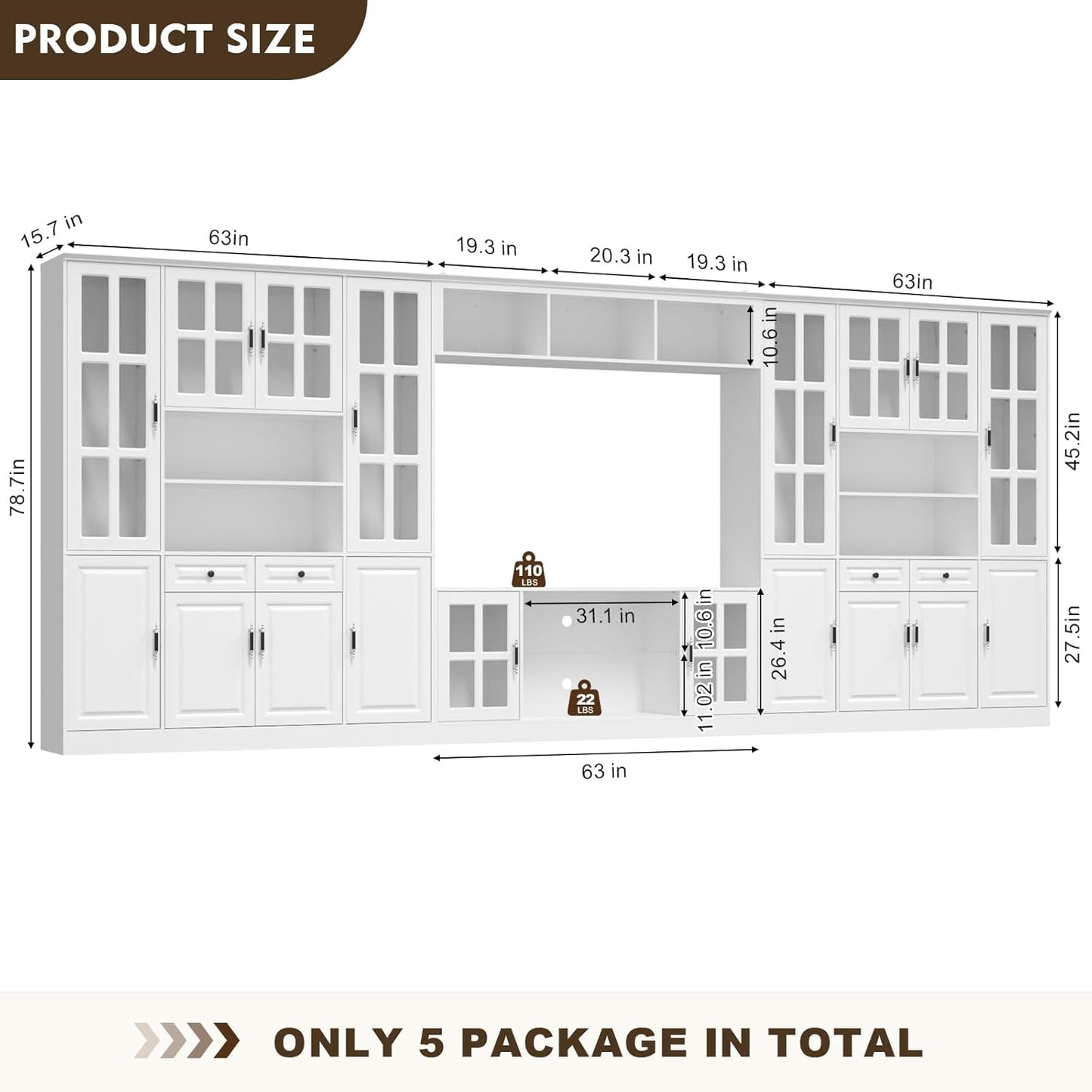 4-Piece Wall Unit TV Stand with Storage & LED Lights for TVs up to 75", Modern Entertainment Center with Bookshelves & 8-Door Pantry Cabinet, White