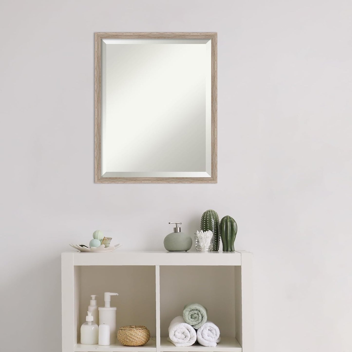 Amanti Art White Bathroom Mirror for Over Sink, 21x17 Hardwood Wedge White Wash Rectangle Vanity Mirror, Small Rustic Farmhouse Wood Frame, Hangs Horizonally and Vertically, Bathroom Wall Decor
