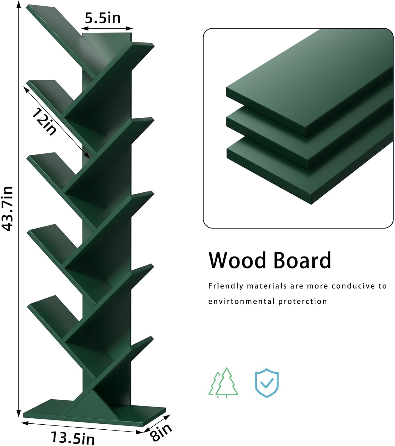 10 Tier Tree Book Shelf, Floor Standing Wood Bookshelf for Narrow Space, Storage Organizer Bookshelves for Books/CDs/Magazine, Bookcase with Shelves for Home Office, Living Room