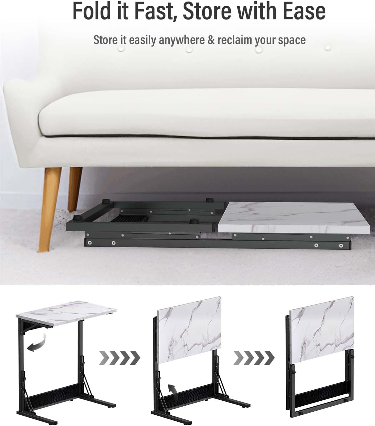 Tatub 24" Folding TV Tray Table, Marble C Shaped End Table for Couch, Small Sofa-Side Laptop Desk with Black Metal Frame for Living Room, Bedroom, Bedside