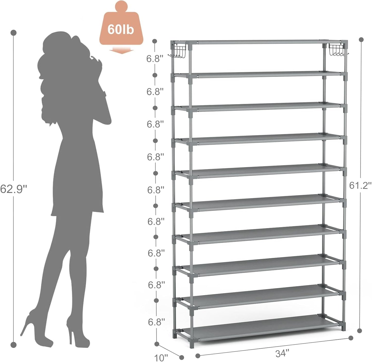10 Tiers Shoe Rack 50 Pairs Large Capacity Tall Shoe Organizer Sturdy Shoe Storage with Two Hooks Space Saving Metal Wide Shoe Rack for Closet, Entryway, Bedroom, Grey