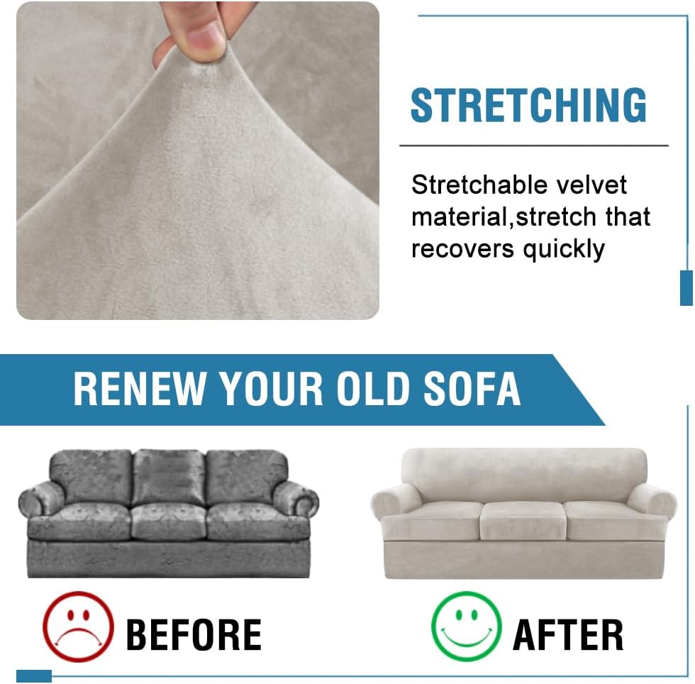 H.VERSAILTEX Sofa Cover 4 Piece T Cushion Sofa Slipcovers Thick Velvet Couch Cover Stretch T Cushion Sofa Covers for 3 Cushion Couch with 3 Individual T Cushion Covers Washable, Oatmeal