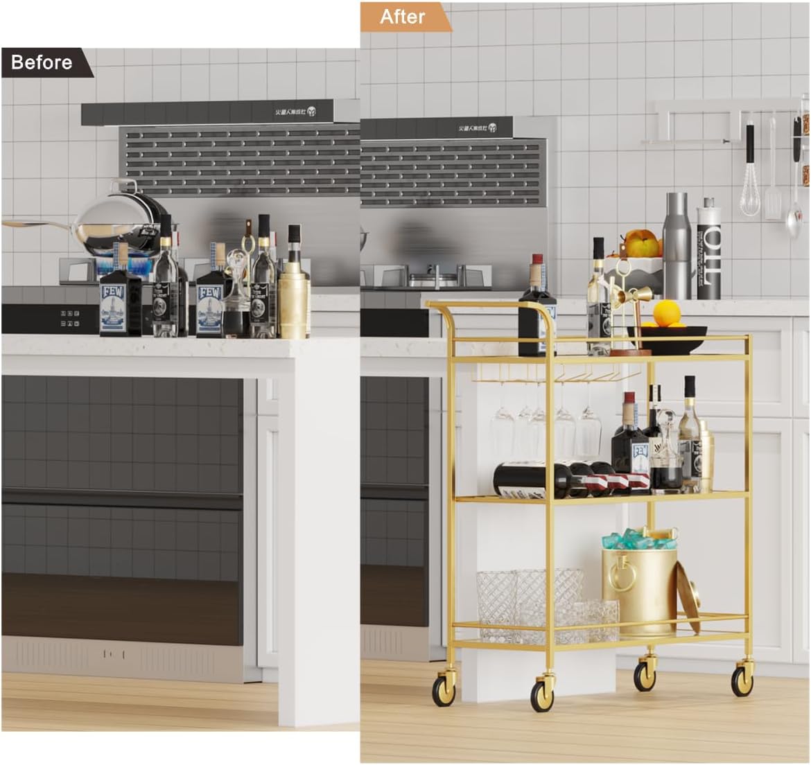 Gold Bar Cart, Home Bar Serving Cart with Handle, Wine Cart with 3-Tier Glass Shelves, Beverage Cart with Wine Rack and Glass Holder, Bar Carts for The Home, Dining Room, Living Room