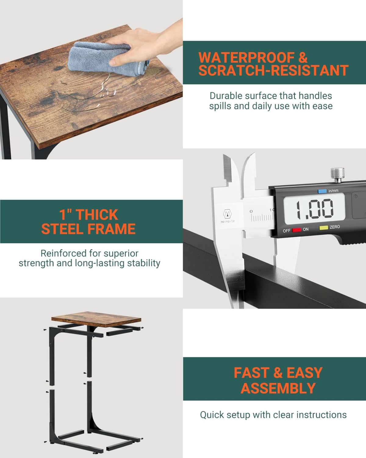 C-Shaped Side Table for Couch - Small Coffee Stand Sofa Tray Desk with Metal Frame and Waterproof Scratch Resistant, Modern End Accent for Living Room, Bedroom, Set of 2, Rustic Brown