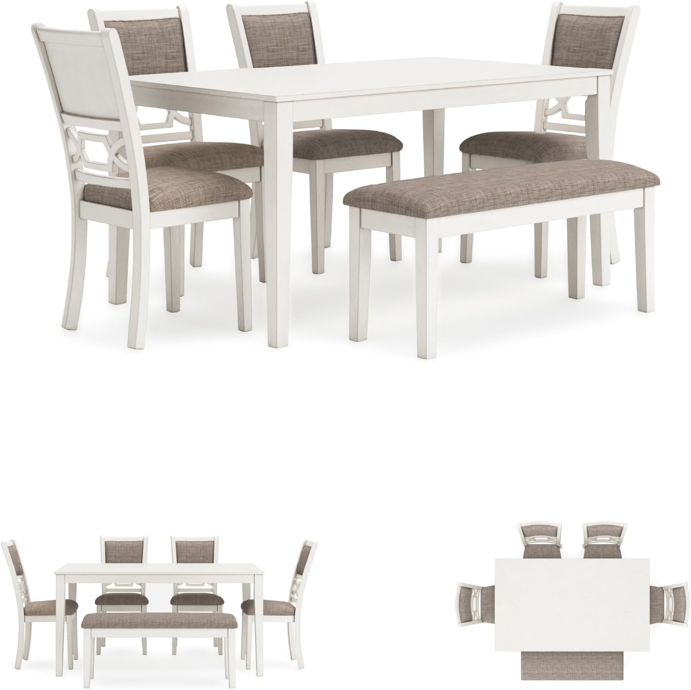 Signature Design by Ashley Erinberg Casual Dining Table with 4 Armless Upholstered Chairs and Bench, Set of 6, White & Light Gray