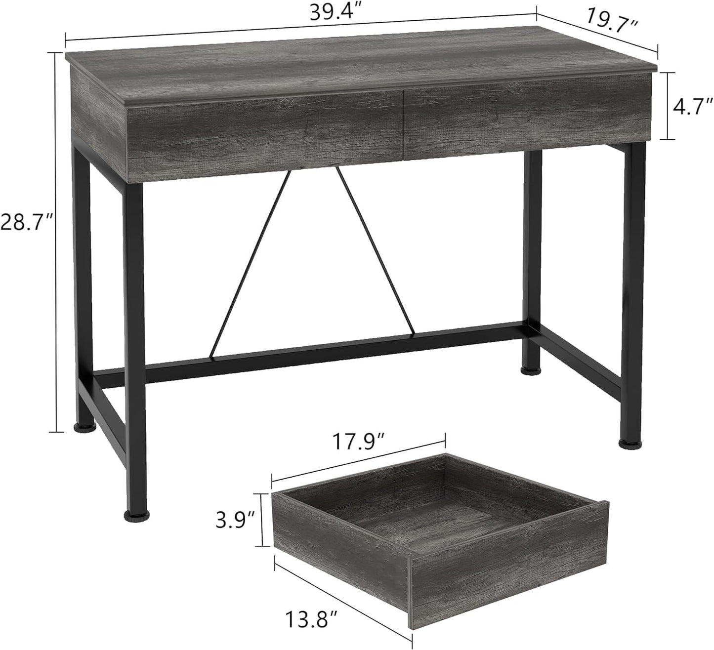 CAIYUN 40Inch Small Desk with 2 Wooden Drawers,Vanity Desks for Home Office with Storage, Simple Computer Desk for Small Space,Desk for Bedroom, Modern Writing Work Kids Study Desk Table, Grey Oak