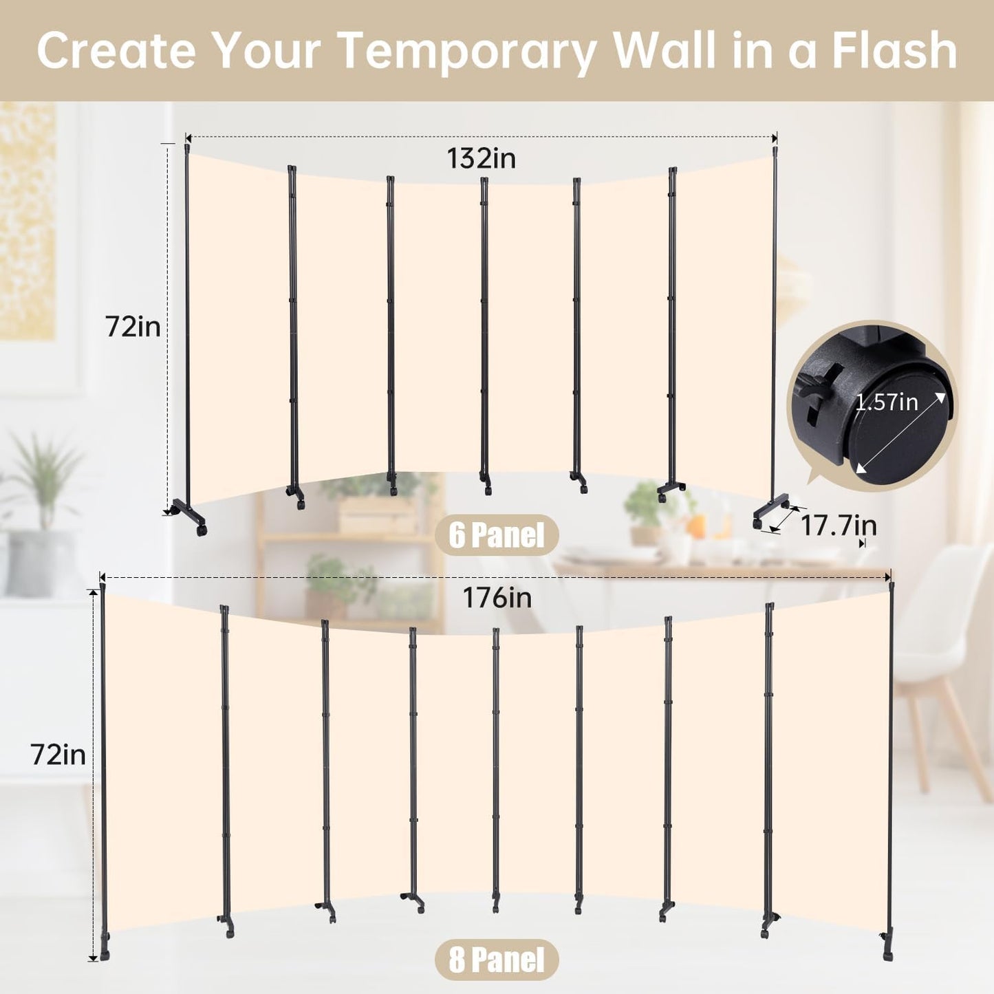 Room Divider 6 Panel Room Dividers/Wheels, Fabric Room Divider Panel for Office Room Partitions and Dividers, Portable Partition Wall Divider for Room Separation, Privacy Screen (Cream, Wheel-132'')