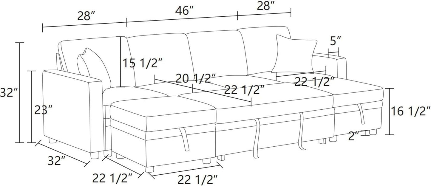 102 Inch L Shaped Sectional Couch with Pull Out Bed, 6-Seat Sleeper Sofa with Storage Ottoman, Convertible Sofa Bed for Living Room, Apartment, Off White