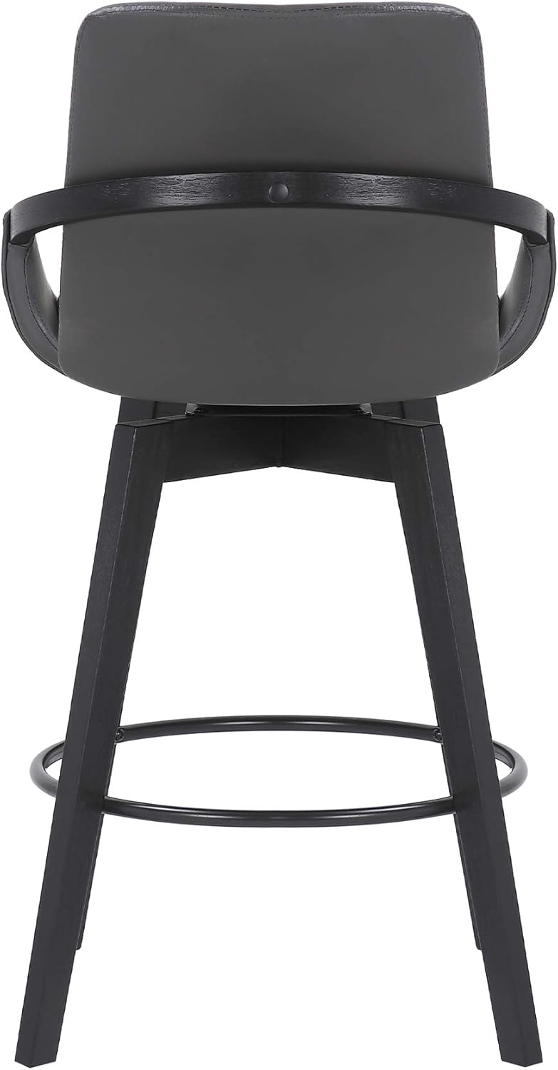 Armen Living Baylor Mid Century Modern Swivel Bar Stool for Kitchen Island Counter in Gray Faux Leather and Black Wood, 26" Seat Height
