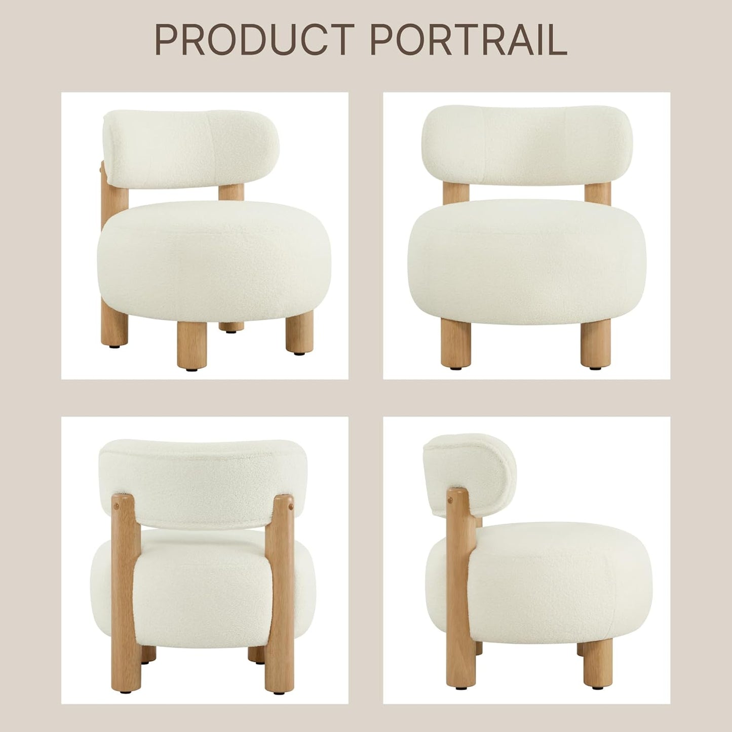 Modern Boucle Accent Chair, with Plush Faux Sherpa Upholstery, Curved Backrest, Solid Wood Legs for Living Room Bedroom Reading Nook, 27.5", White