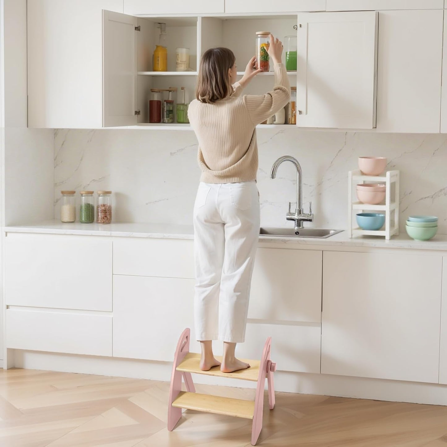 Wooden 2 Step Stool for Kids Bathroom Sink Foldable Anti-Slip 2-Step for Toilet Potty Training, Child Stepping Stool for Kitchen Nursery Bedroom, Sturdy Non Slip Adult Stool for Closet Pink