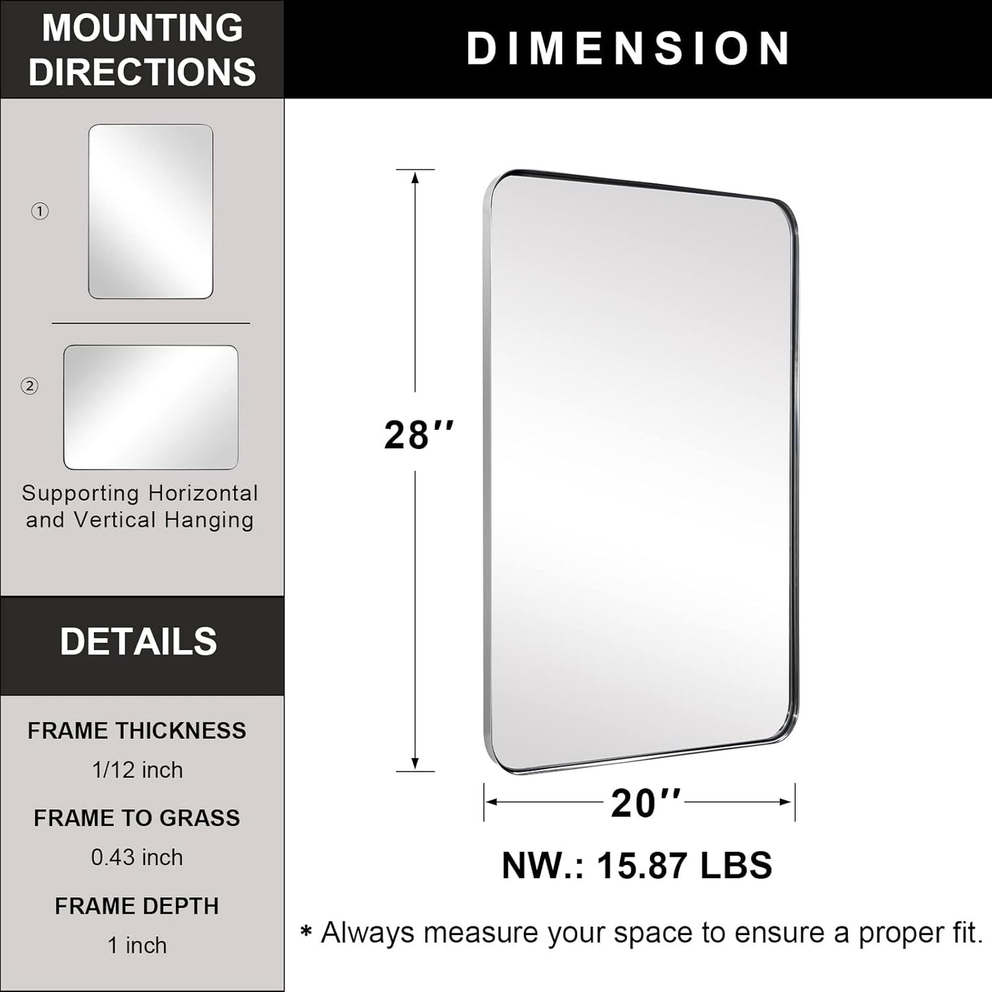 ANDY STAR Brushed Nickel Mirror for Wall, 20”x28” Silver Rectangle Bathroom Mirror, Modern Metal Mirror in Rounded Corner Stainless Steel Frame, 1’’ Deep Set Design Hangs Horizontal Or Vertical