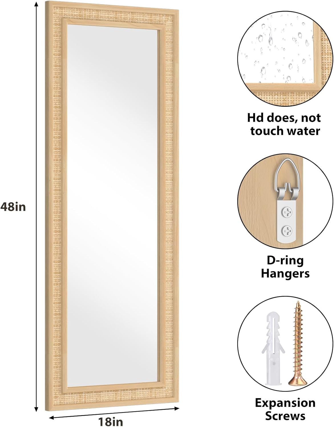 Rattan Wall Mirror with Wooden Framed 18 X 48 inch Farmhouse Rectangle Wood Mirror for Modern Decorative Bathroom, Living Room, Entryway, Bedroom