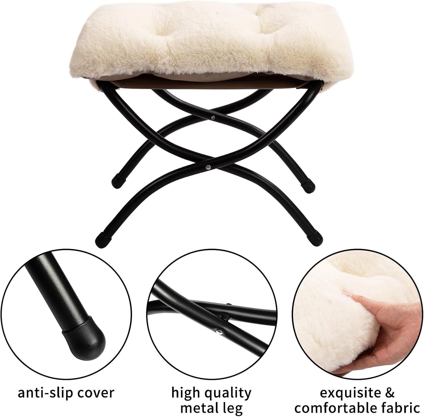 HollyHOME 15"(H) Folding Footrest Stool, Upholstered Small Foldable Ottoman, Accent Padded Sofa Foot Stool for Lazy Chair, Metal Frame Portable Foot Rest Ottoman for Home, Living Room, Bedroom, Beige