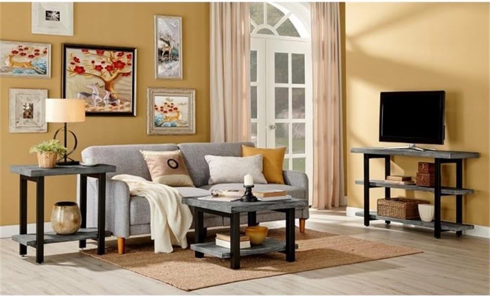 Alaterre Furniture Pomona Metal and Wood 2-Tier End Table, Living Room Furniture, Rustic, Natural Finish with Solid Wood, 2 Shelves in Slate Gray