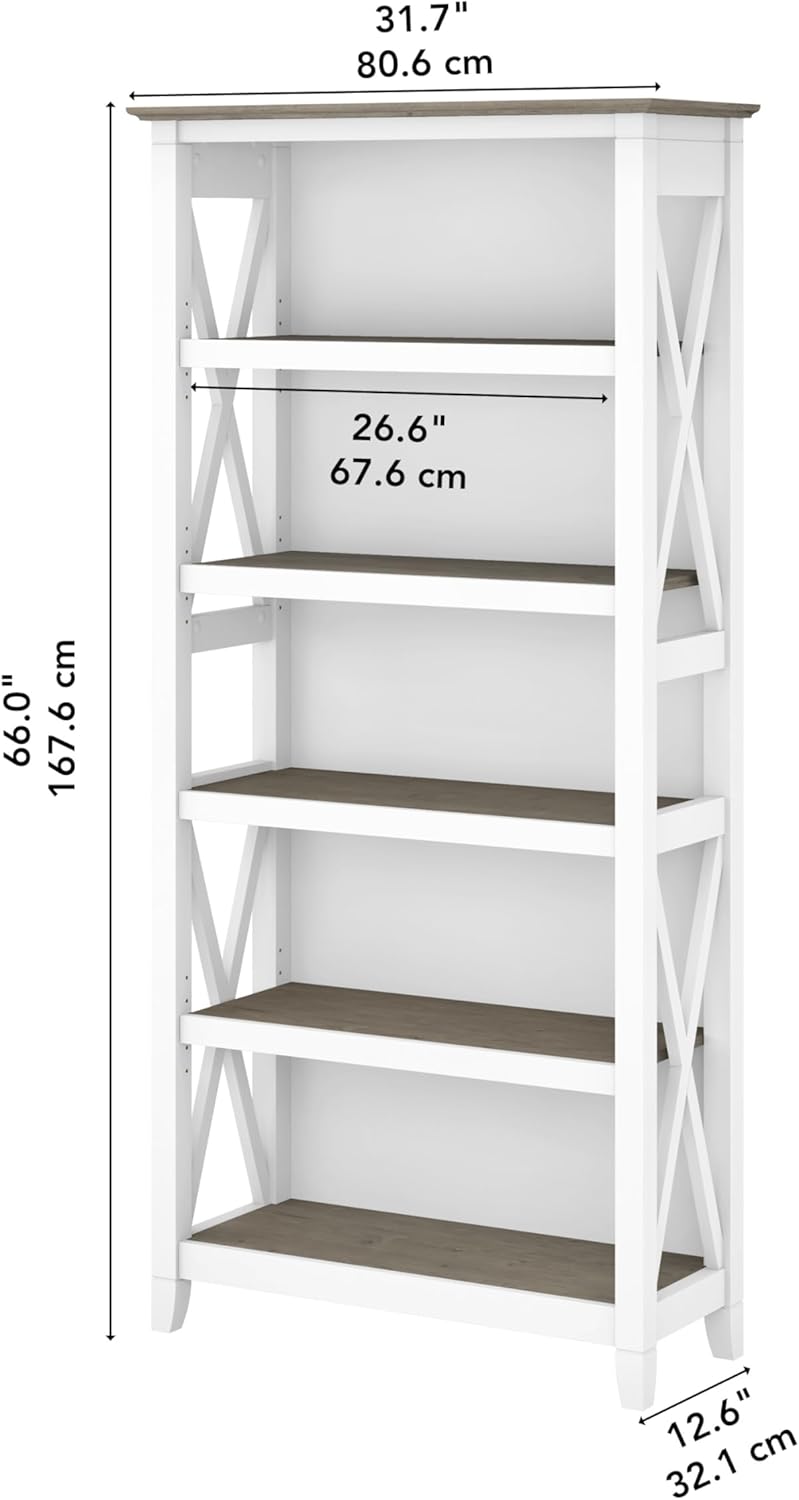 Bush Furniture Tall 5 Shelf Bookcase for Living Room or Home Office, Large Bookshelf, Modern Farmhouse Style, Key West Collection, Pure White and Shiplap Gray