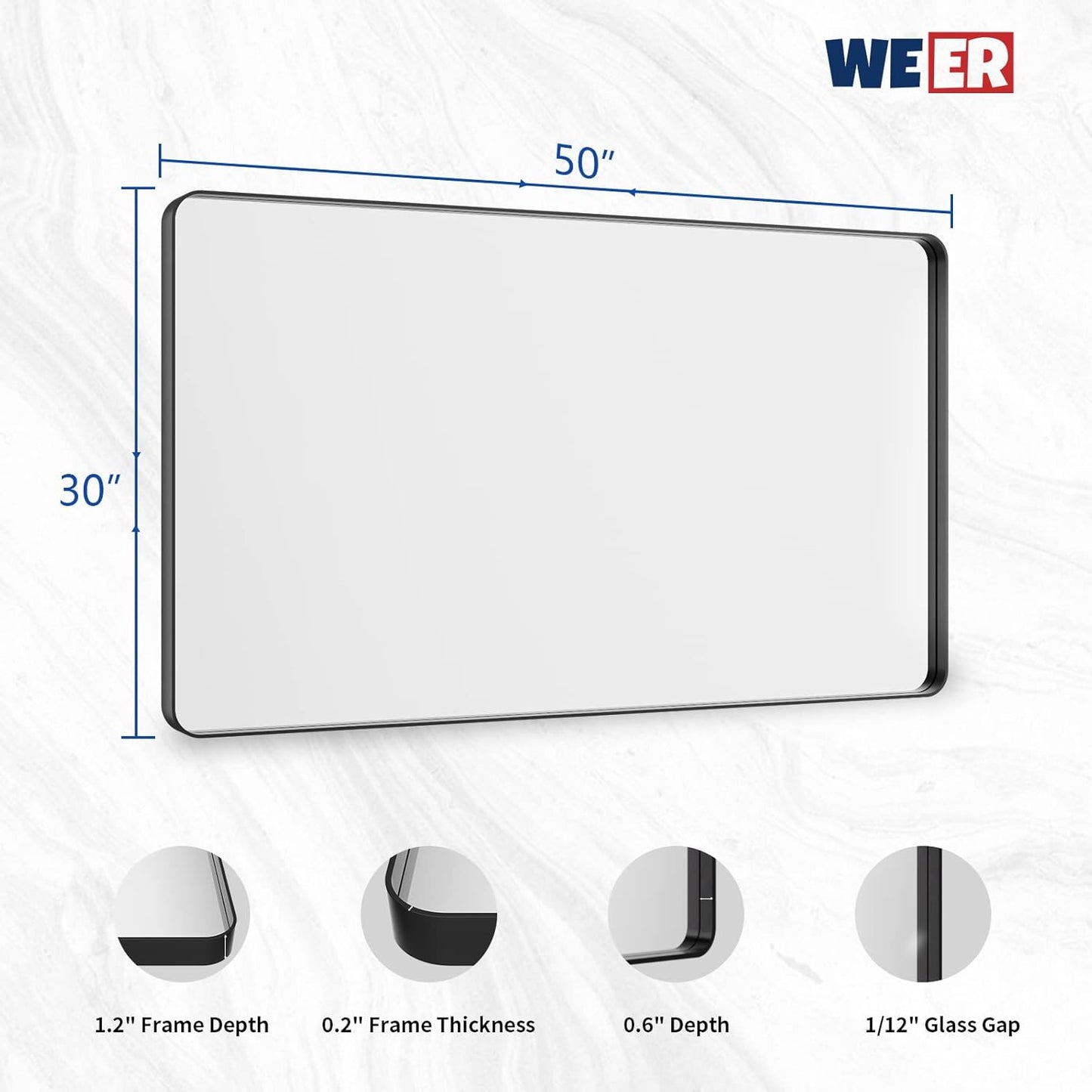 WEER 50X30 Inch Black Metal Framed Bathroom Mirror, Black Bathroom Vanity Mirror Farmhouse, Rounded Rectangular Matte Black Wall Mirrors, Tempered Glass, Anti-Rust (Horizontal/Vertical)