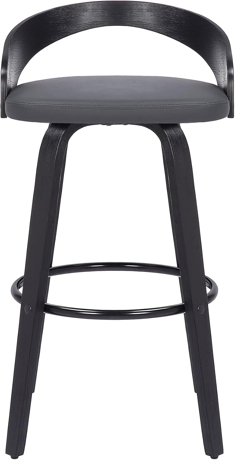 Armen Living Sonia 26" Counter Height Swivel Gray Faux Leather and Black Wood Bar Stool