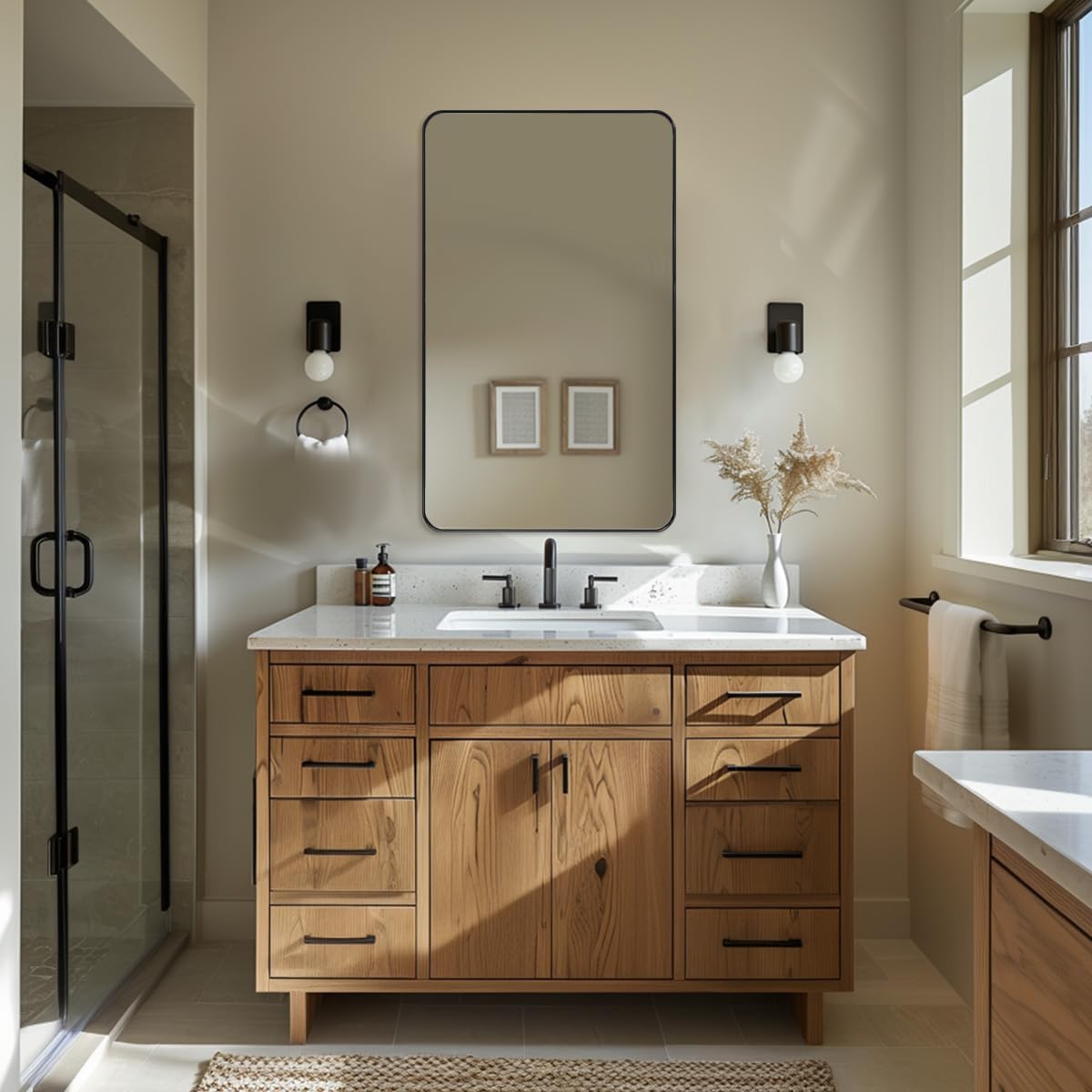 ANDY STAR Black Bathroom Mirror, 24”x40” Rounded Corner Rectangle Mirror, Modern Metal Frame Bathroom Vanity Mirror(Matte Black Finish)