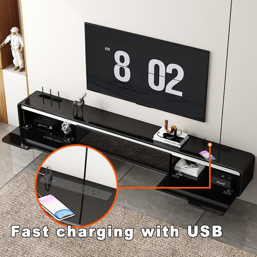 CENOVE High Gloss Floating TV Stand with 3 Doors,70.8'' Wall Mounted TV Cabinet,Under TV Console,Floating Media Shelft for Bedroom Living Room(Black