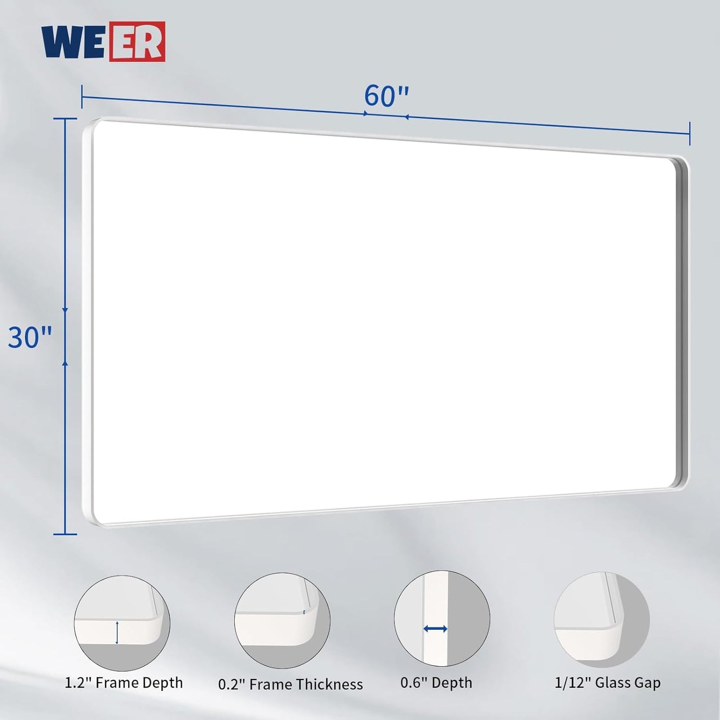 WEER White Bathroom Mirror 60X30 Inch, Rounded Rectangle White Metal Frame Mirror, Matte White Bathroom Vanity Mirror with Tempered Glass, Anti-Rust, Hangs Horizontally or Vertically