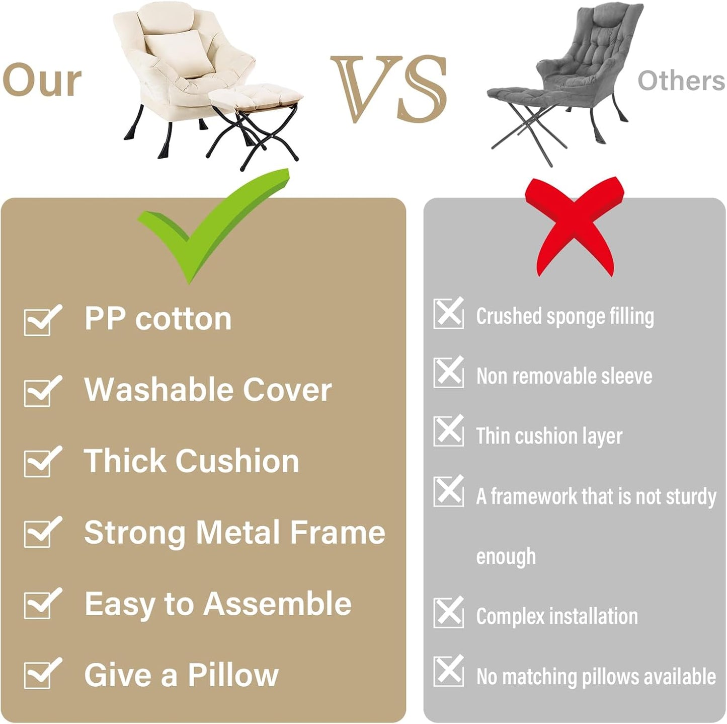 Lazy Chair with Ottoman, Modern Lounge Accent Chair with Armrests and a Throw Pillow, Leisure Sofa Chair Set, Reading Chair with Footrest for Living Room, Bedroom, Office, Velvet Ivory