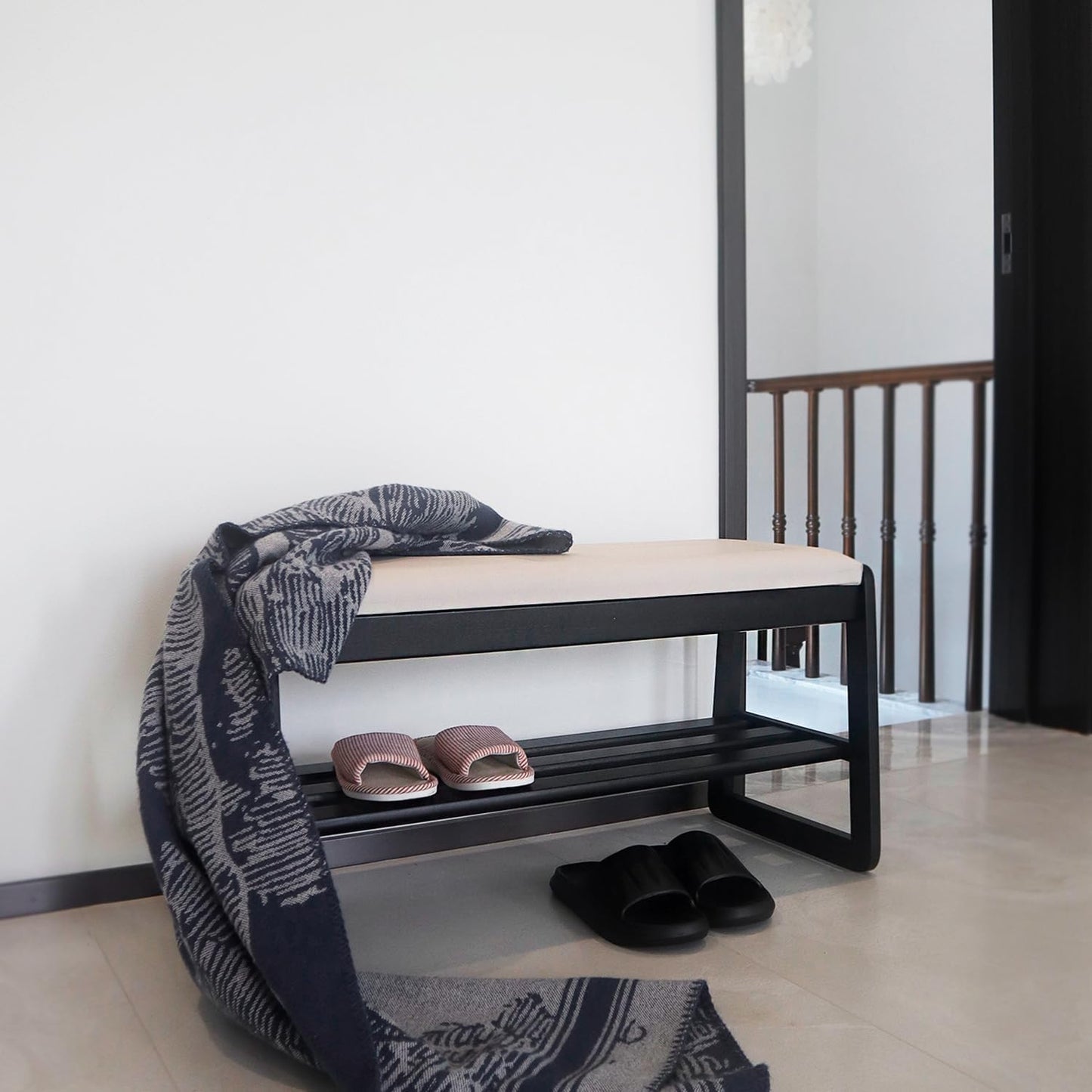 Solid Wood Shoe Rack, 2 Tier Shoe Storage Bench with Cushion Seat, 6 Pair Shoe Organizer for Entryway, Small, Black, 24 Inch