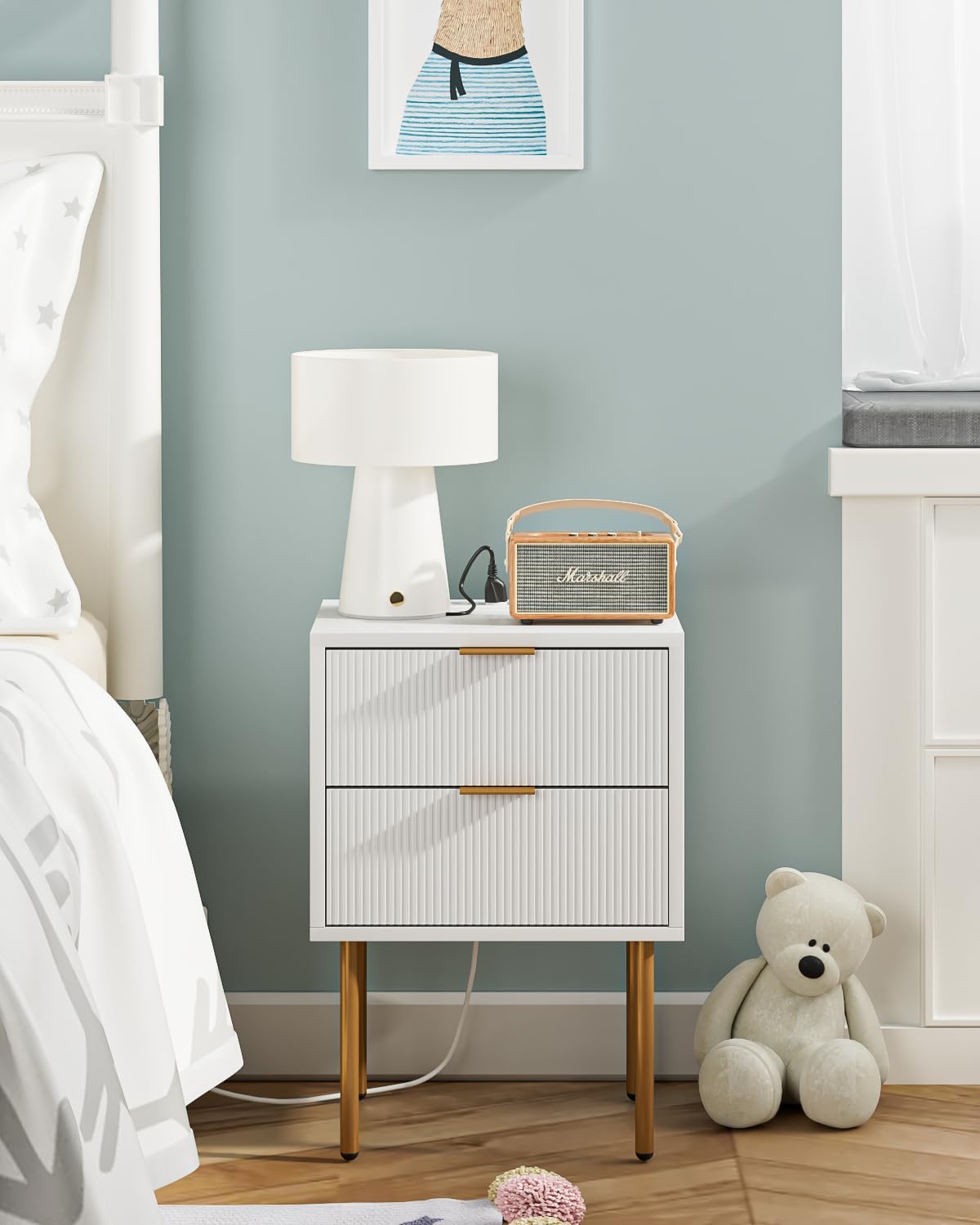 Nightstand,Small Bedside Table with Gold Frame,Morden Night Stand with 2 Drawer,End Table,Side Table with Drawer and Shelf for Bedroom,Living Room (White-2Drawer-Outlet)