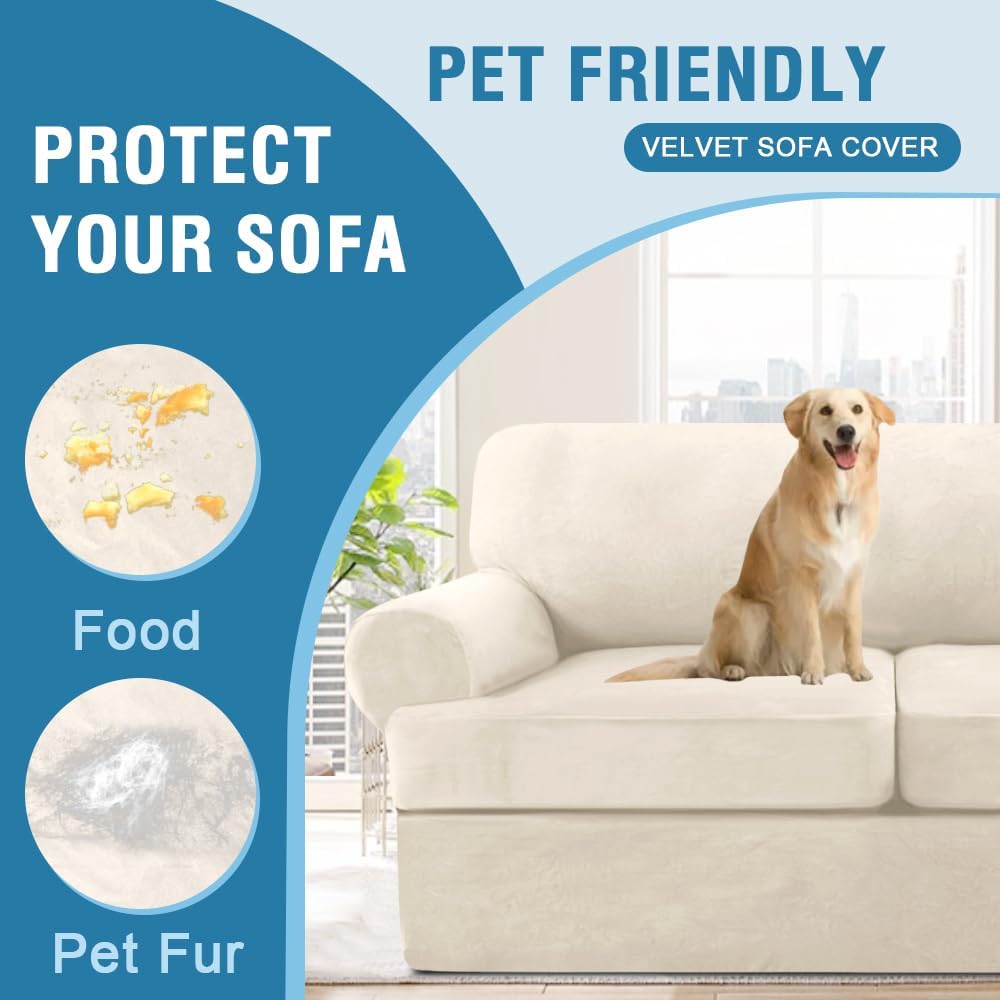 H.VERSAILTEX Sofa Cover 4 Piece T Cushion Sofa Slipcovers Couch Cover Furniture Protector Stretch T Cushion Sofa Covers for 3 Cushion Couch with 3 Individual T Cushion Covers, Ivory