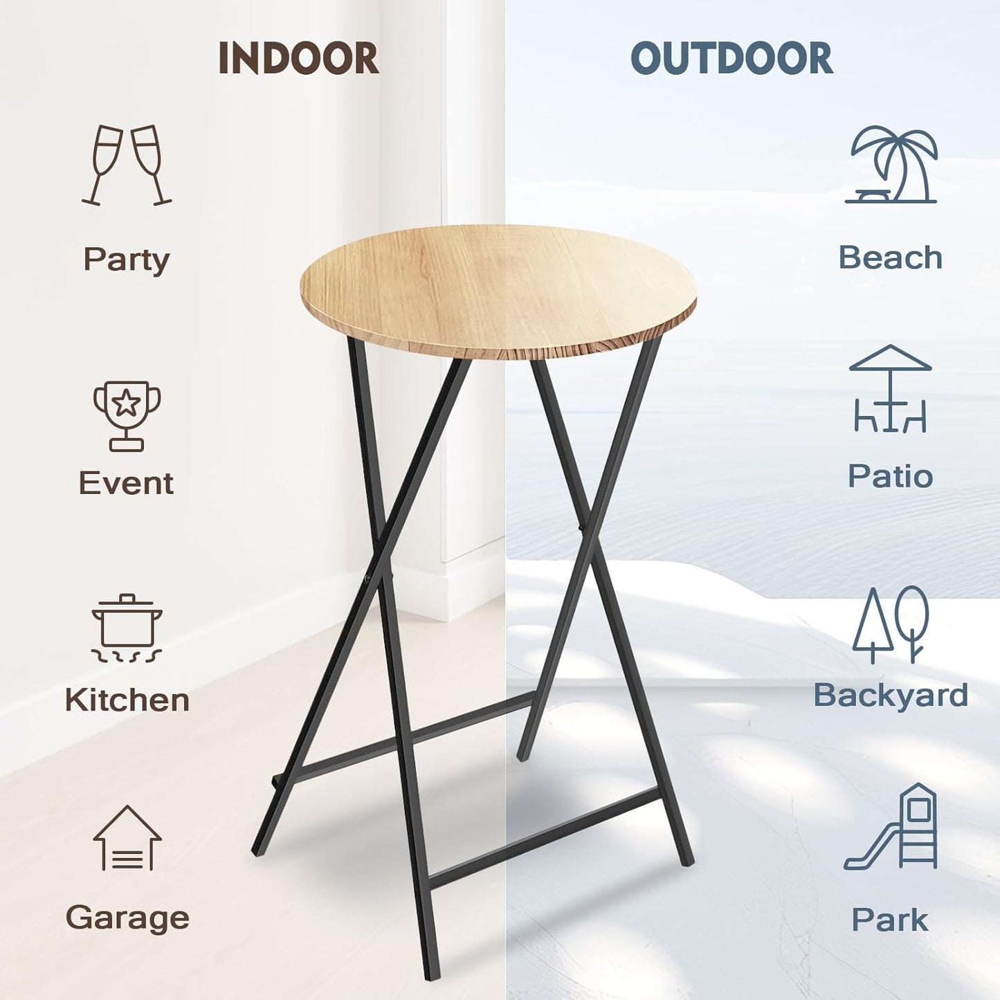 40'' Outdoor Bar Height Patio Table, Wooden Folding Cocktails Tables One-Piece Installation Indoor Outside Banquet Table for Parties, Bistro, Pub, Commercial