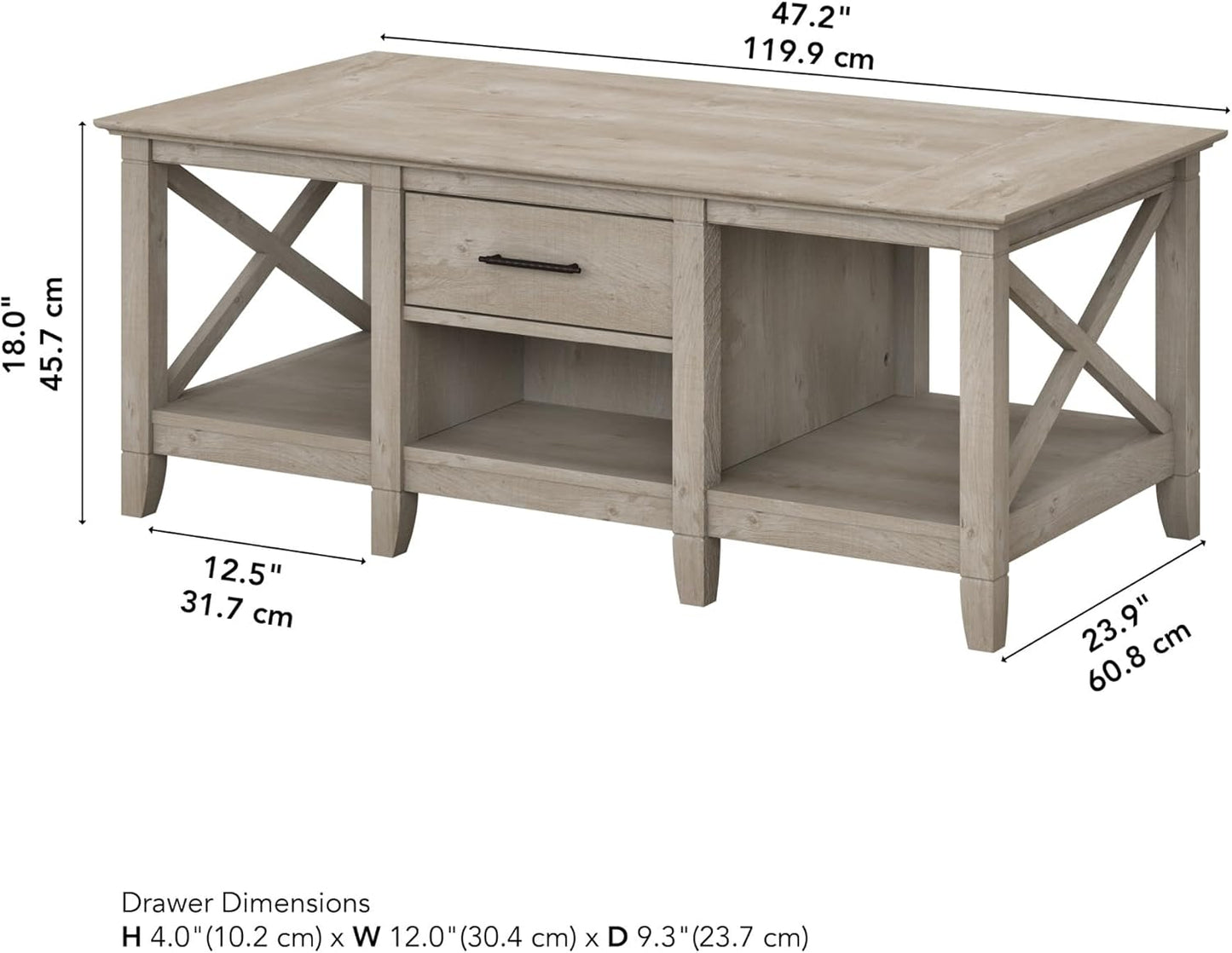 Bush Furniture Key West Coffee Table with Storage in Washed Gray