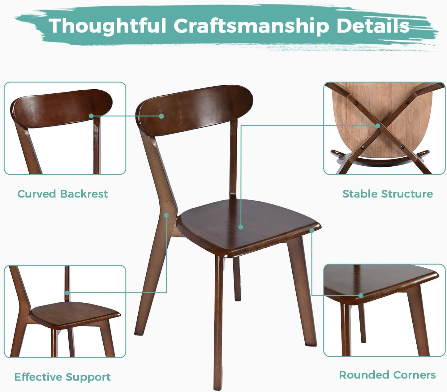 Solid Wood Dining Chairs Set of 2, Mid Century Modern Dining Room Chairs with Curved Backrest, Wooden Armless Kitchen Chairs for Dining Room, Space Saving, Walnut