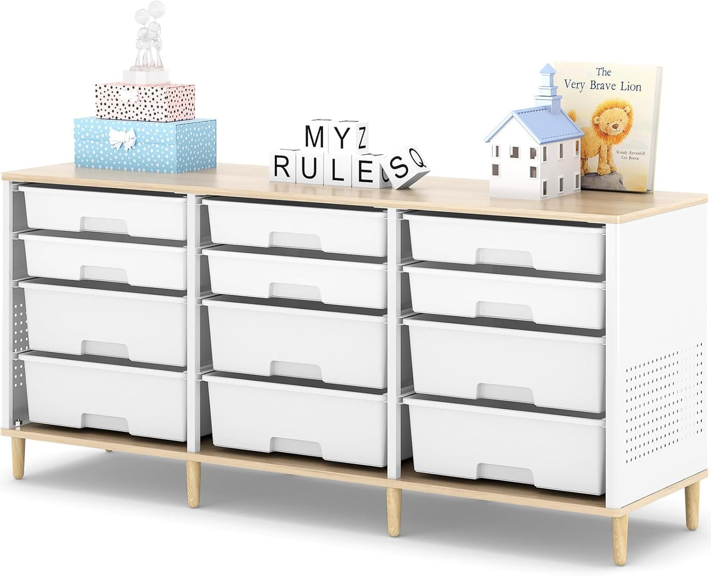 12-Drawer Storage Cabinet with Wooden Tabletop, Versatile Cube Storage Organizer Bin Storage for Home, Office, Playroom, Classroom & Craft Room Storage (White)