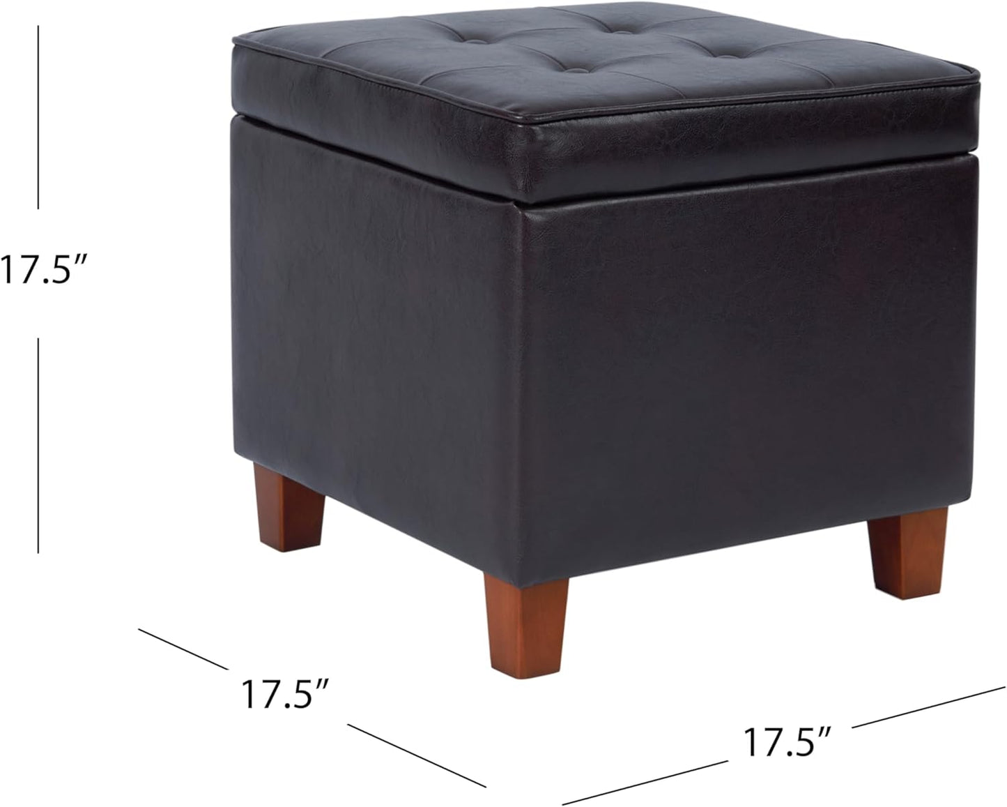 HomePop Leatherette Tufted Square Storage Ottoman with Hinged Lid, Brown Small