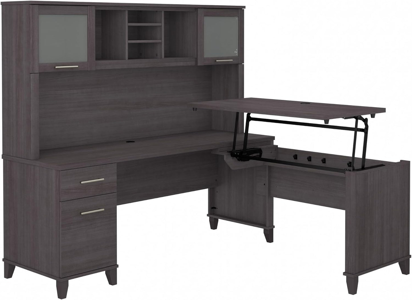Bush Furniture Somerset 3 Position Sit to Stand L Shaped Desk with Hutch in Storm Gray | Ergonomic Height Adjustable Standing Computer/Laptop Table for Home Office
