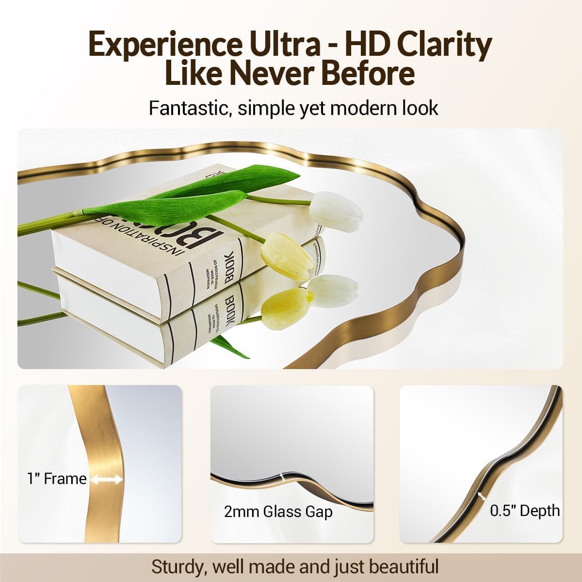 ANDY STAR Brushed Gold Scalloped Mirror - 22x30 Inch Bathroom Mirror, Vintage Oval Vanity Mirror, Rust-Proof Anti Rust Stainless Steel Wall Mount Horizontal or Vertical