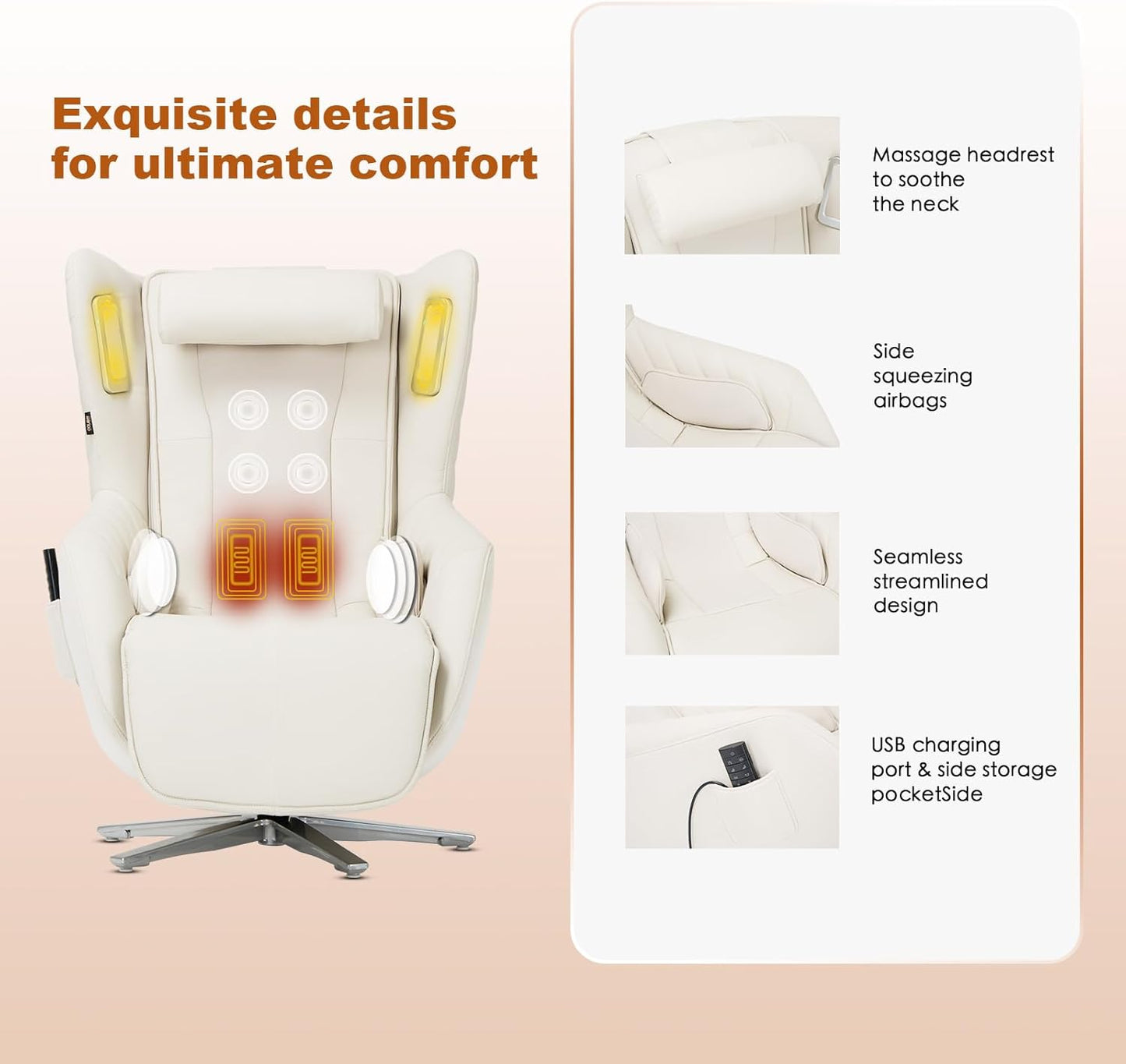 COLAMY Zero Gravity Massage Chair with 4-Zone Massage, Dual Lumbar Heat, Airbag Compression, 360° Swivel, Built-in Bluetooth Speakers & USB Charging, White