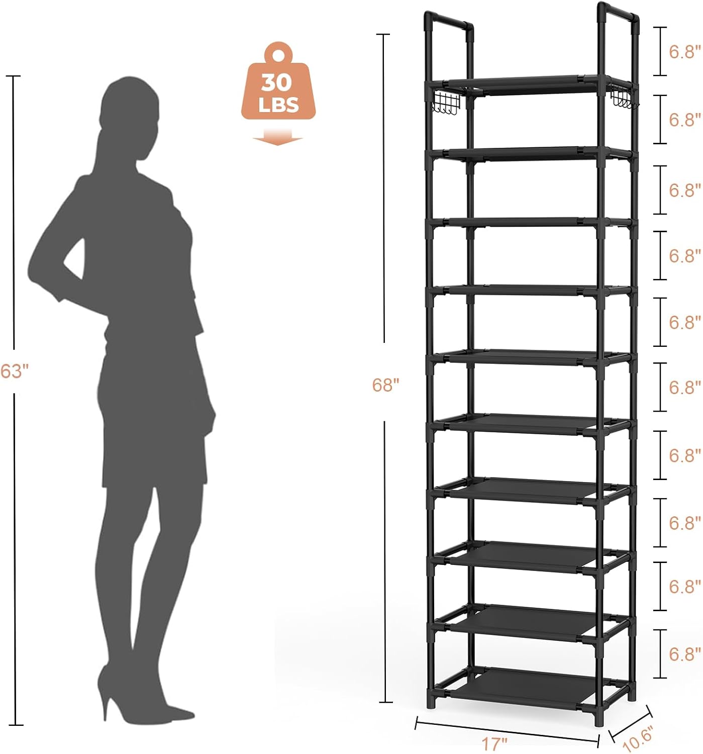 10 Tiers Shoe Rack 20-25 Pairs Large Capacity Tall Shoe Organizer Sturdy Shoe Storage with Two Hooks Metal Narrow Shoe Rack for Closet, Entryway, Bedroom, Black