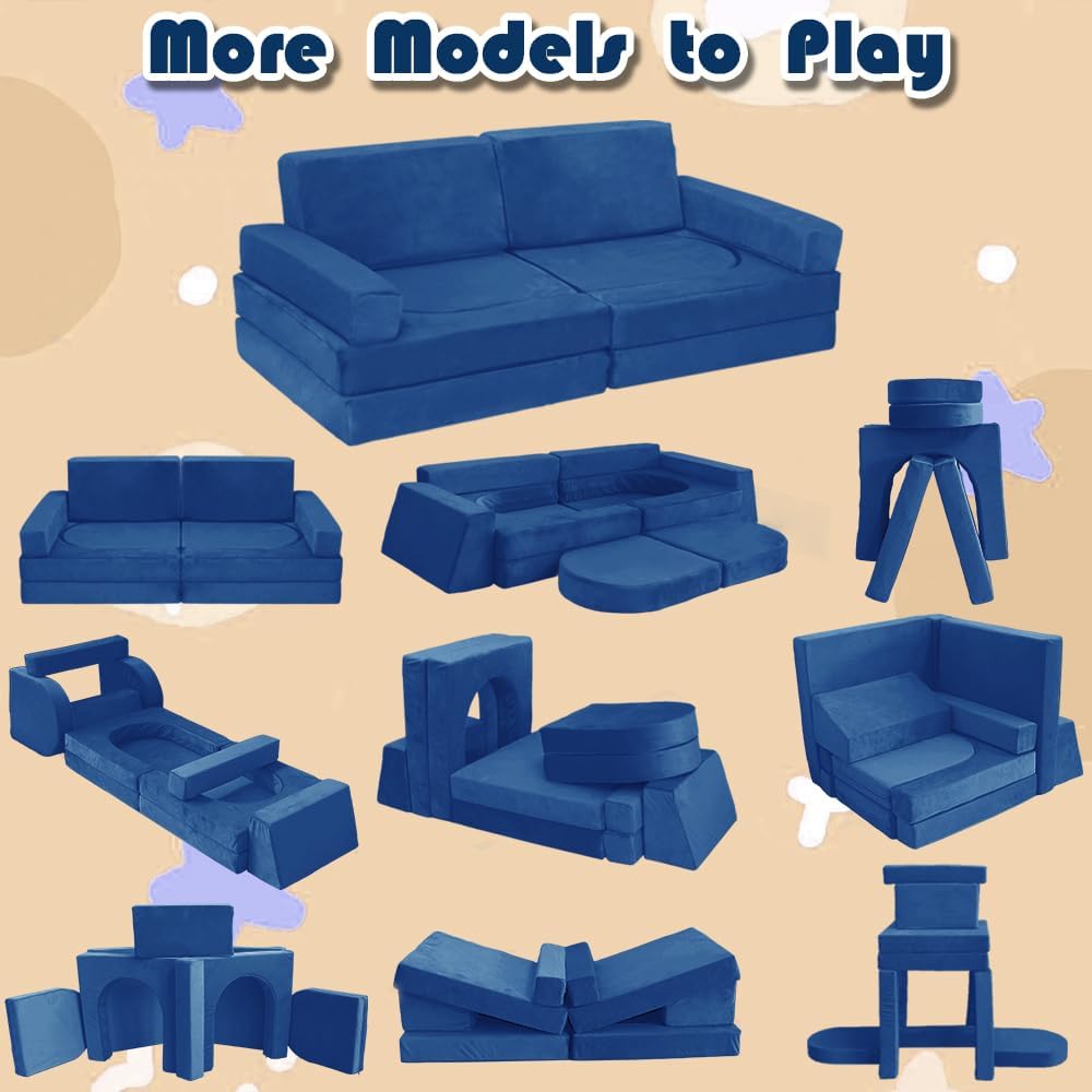 Modular Kids Play Couch Convertible Building Fort Sofa and Cushion 10Pcs Child DIY Floor Sofa for Sleeping Playroom Bedroom for Boys and Girls (Blue)