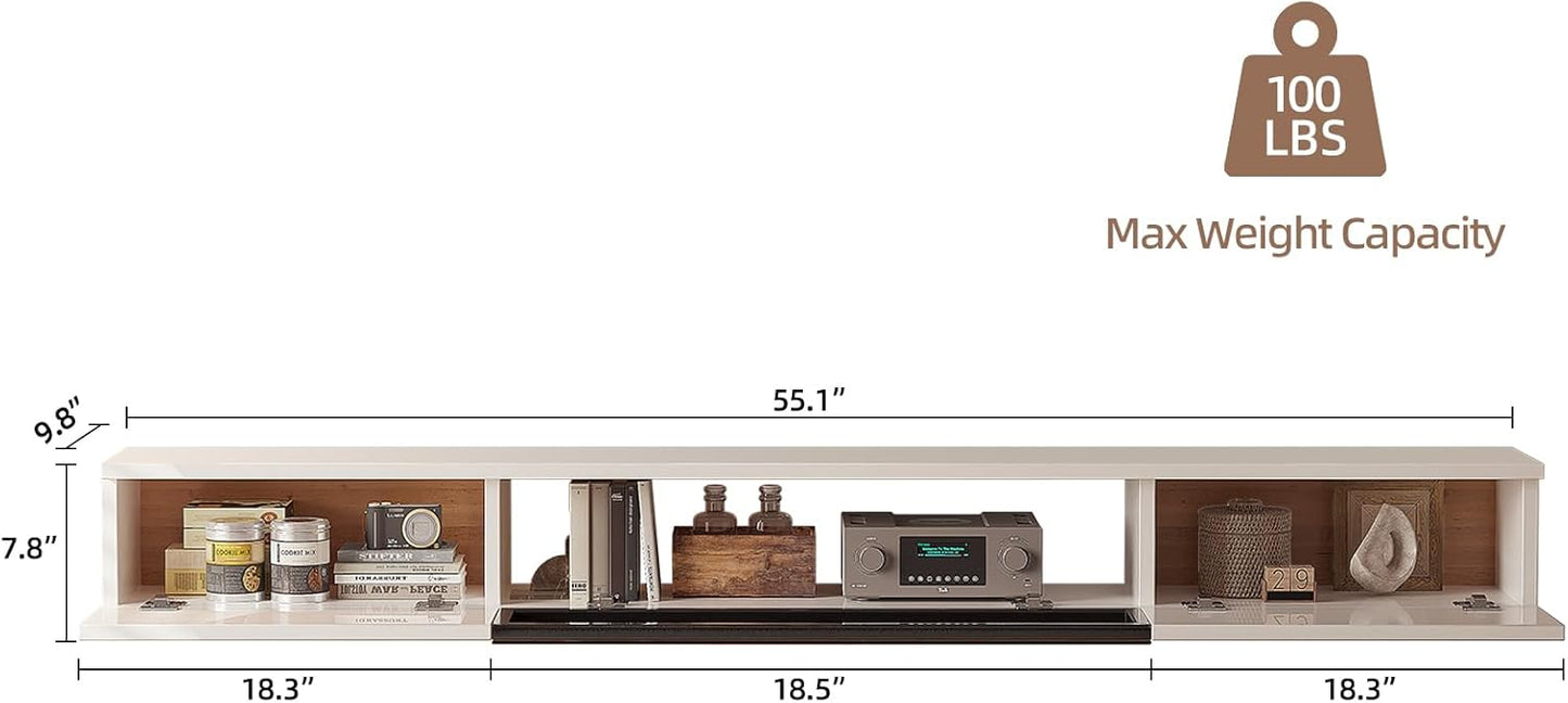 High Gloss Floating TV Stand,55'' Wall Mounted TV Console,Under TV Floating Shelf,Floating TV Cabinet with 3 Doors for Bedroom Living Room,White