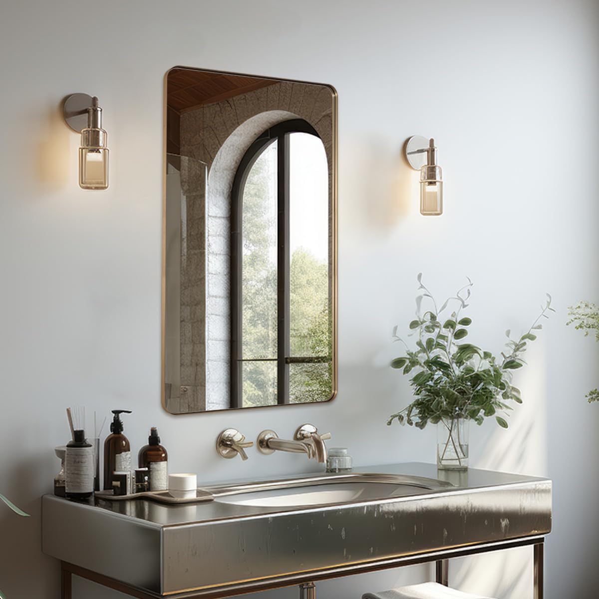 ANDY STAR 30"x48" Brass Gold Bathroom Mirror, Large Wall Mirror for Bathroom, Rounded Rectangle Mirror in Premium Stainless Steel Metal Frame Hangs Horizontal Or Vertical (Brushed Gold)