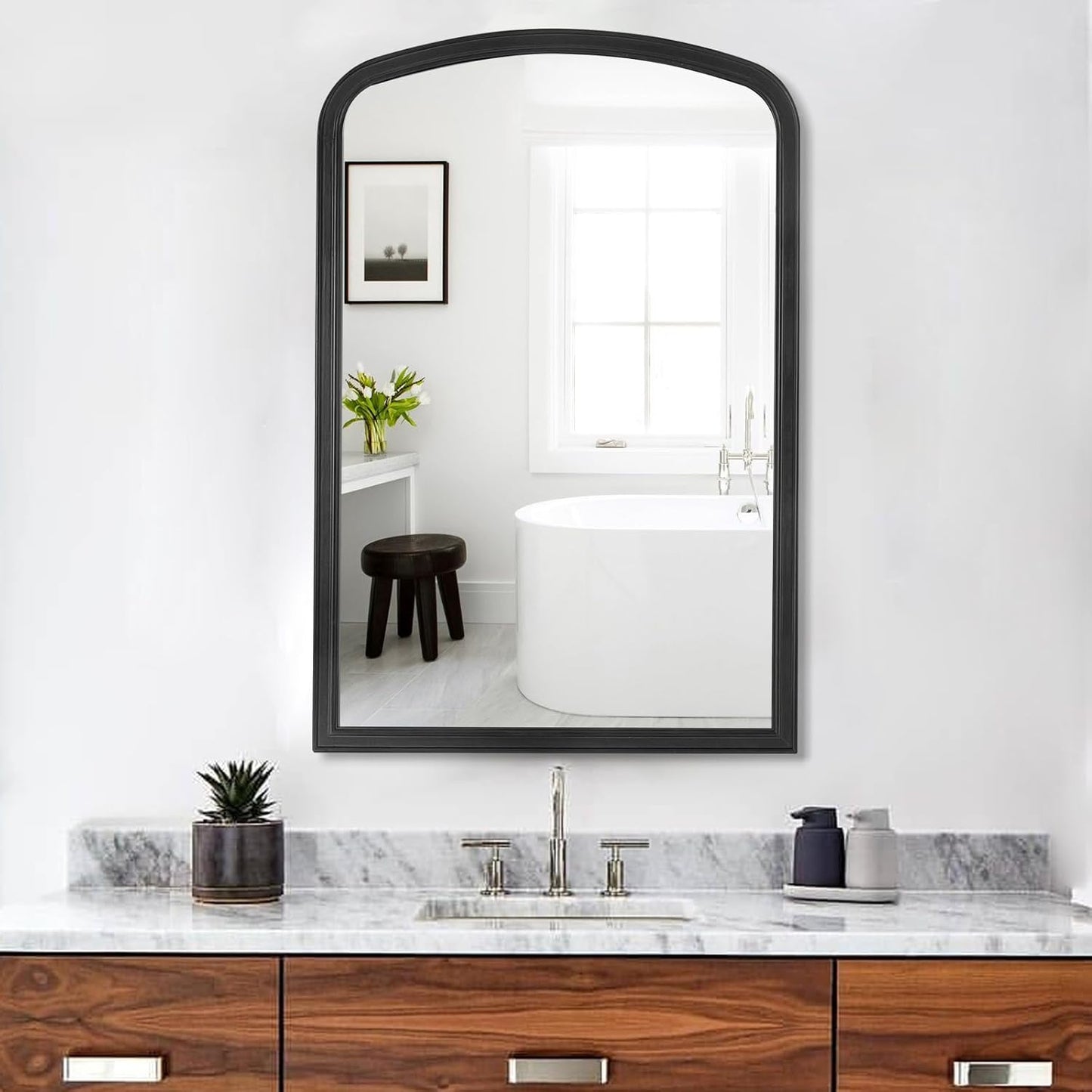 HOMECOOKIN Wood Arched Mirror for Bathroom, 30" x 40" Farmhouse Rustic Arched Wall Mirror Wood Framed Vanity Mirror for Home Decor Entryway Living Room (Black)