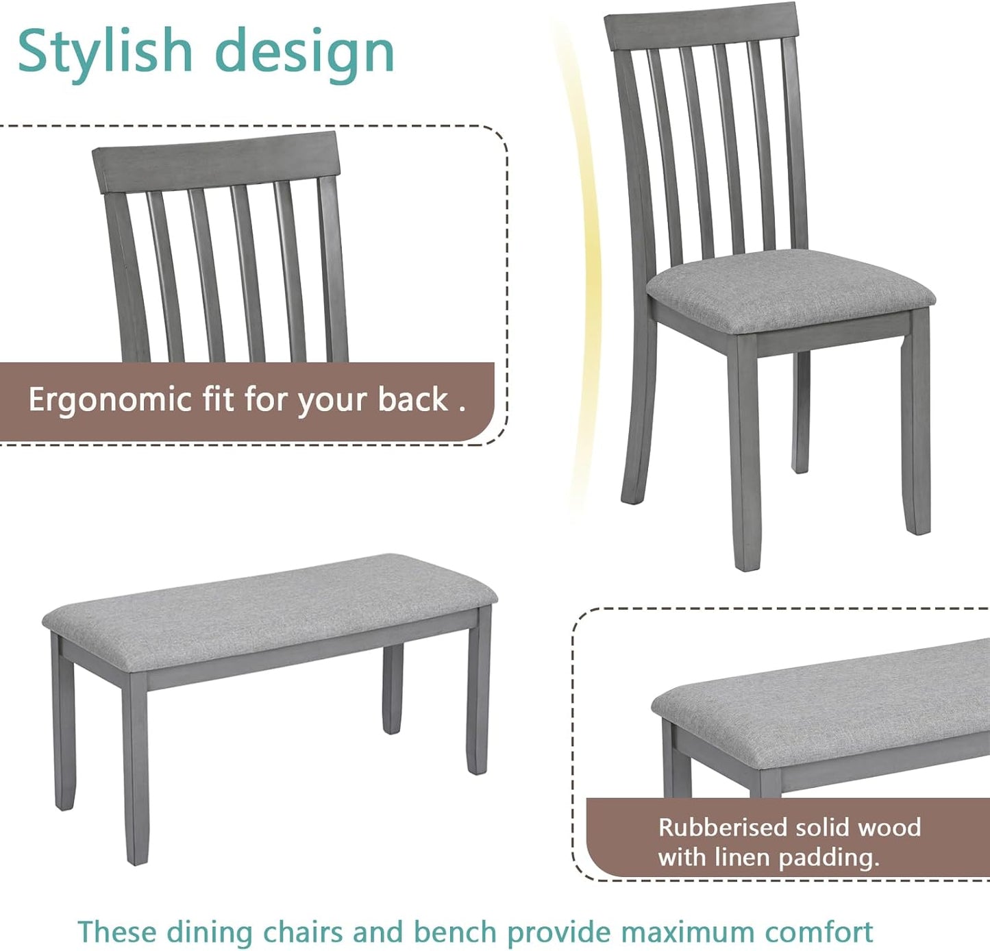 soges 6 Piece Kitchen Dining Table Set, Rectangular Wooden Dining Table with 4 Upholstered Chairs and a Bench for 6 People, Living Room, Home and Kitchen, Grey