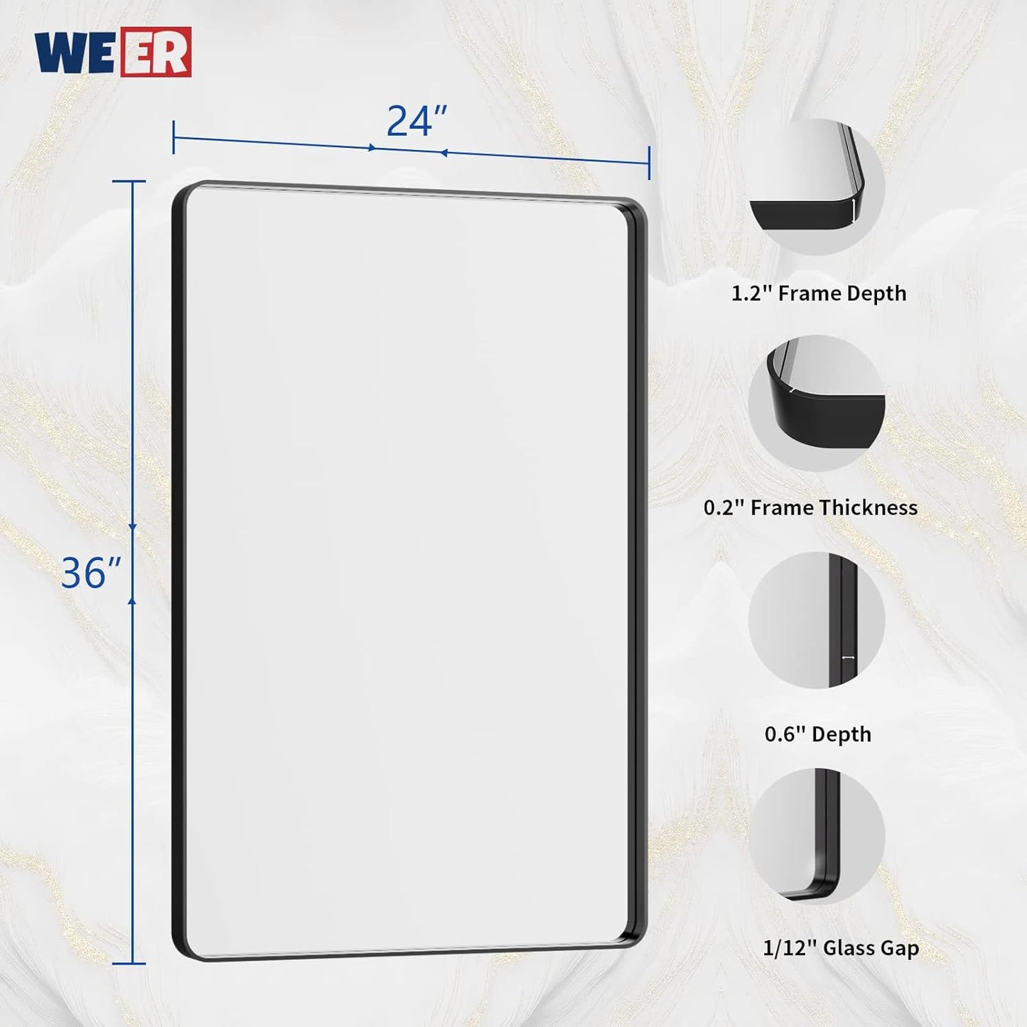 WEER Black Framed Bathroom Mirror, 24X36 Inch Rounded Rectangle Black Bathroom Mirror, Matte Black Bathroom Vanity Mirror for Wall, Anti-Rust, Tempered Glass, Hangs Horizontally or Vertically