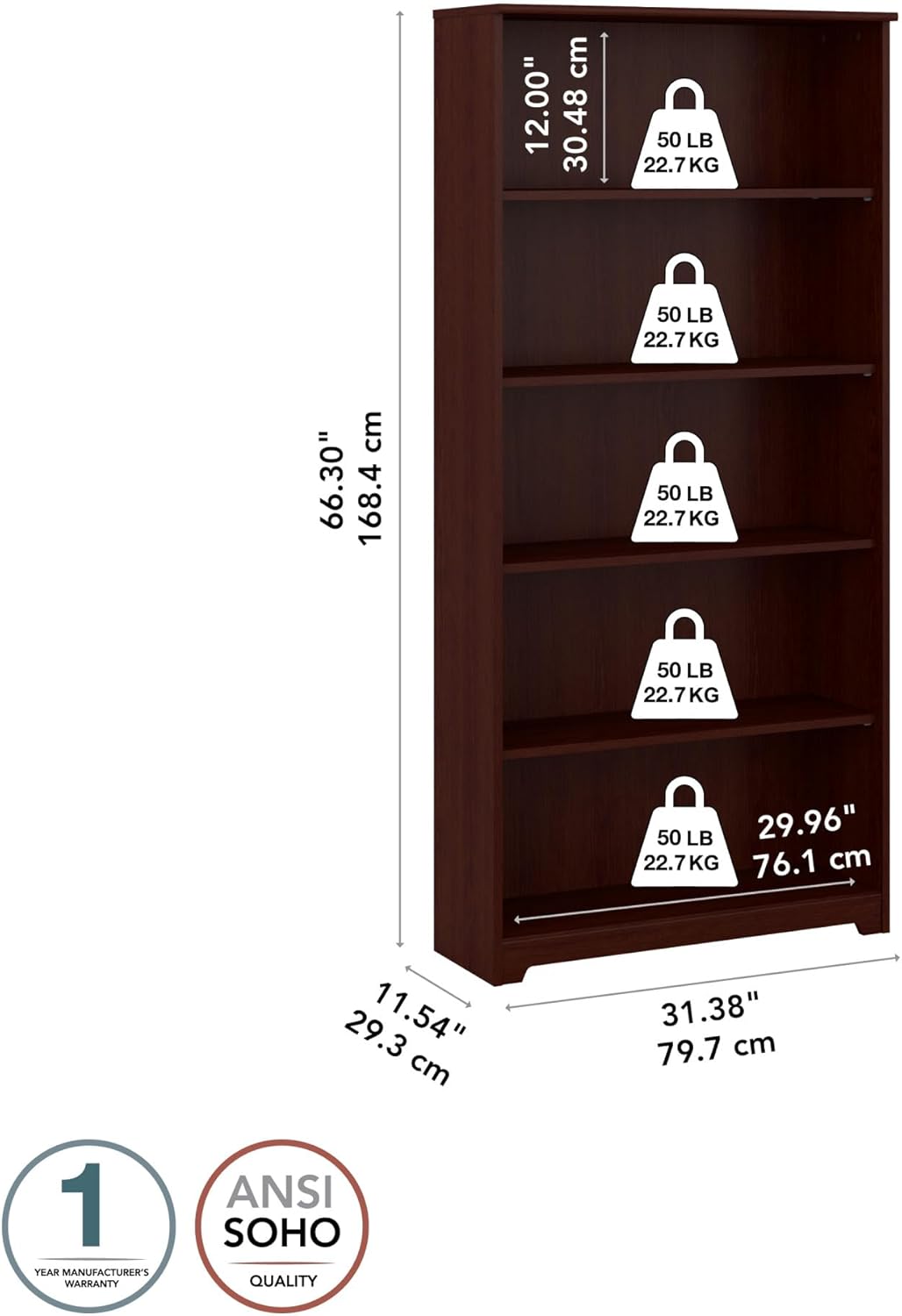 Bush Furniture Tall 5 Shelf Bookcase, Large Open Bookshelf, Sturdy Display Cabinet for Living Room or Home Office, Cabot Collection, Harvest Cherry