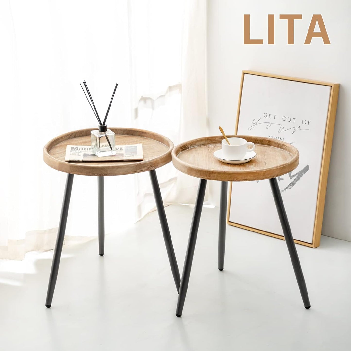LITA 2 Pcs Round Side End Table, Nightstand Tables, Log Desktop, Wooden Tray Table with Black Metal Stand End Table for Living Room Bedroom Office Small Spaces (M)