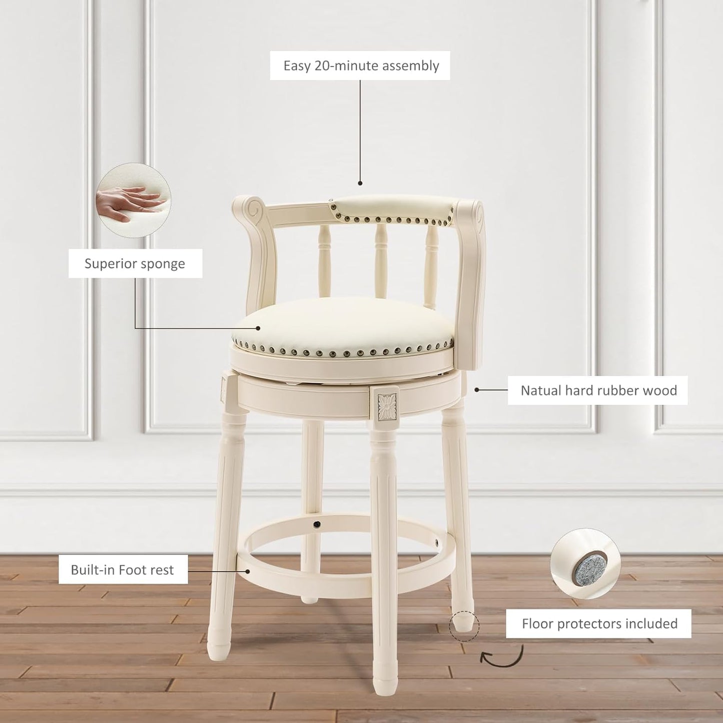 Cow top Leather Wooden Bar Stools, 360 Degree Swivel Bar Height Chair with Backs for Home Kitchen Counter, Morden Chair Barstools (Ivory Wood 2pcs-Cream Seat, Counter Height-Seat Height 26”)