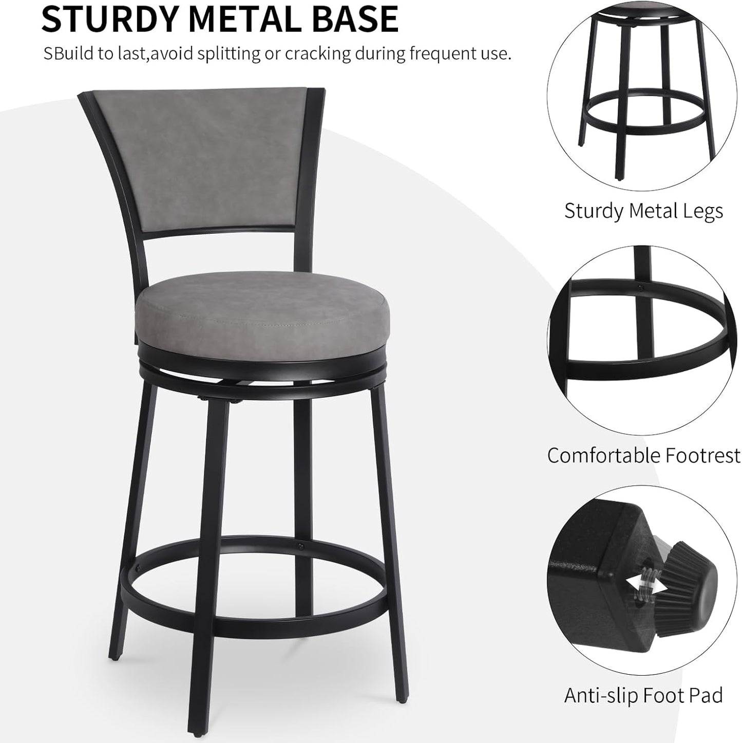 Bar Stools, Modern Counter Height Barstools Set of 2, 25" Faux Leather Round Swivel Bar Stools with Backrest, Upholstered Metal Bar Chairs for Kitchen Island, Kitchen Counter, Pub, Grey