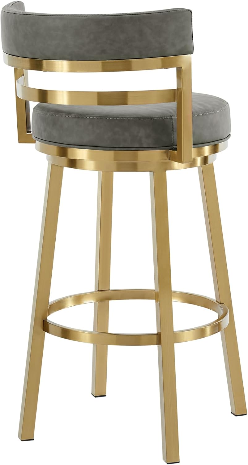 Armen Living Madrid 30" Seat Height Swivel Modern Vintage Gray Faux Leather and Gold Brushed Stainless Steel Bar Stool for Kitchen Island Counter