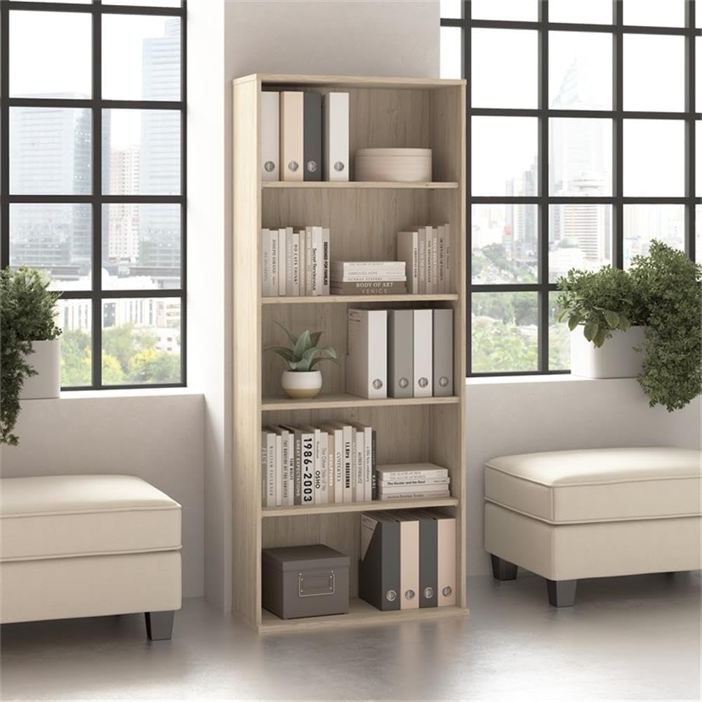 Bush Business Furniture Hustle Tall 5 Shelf Bookcase in Natural Elm, Large Freestanding Bookshelf for Home Office and Professional Workspace